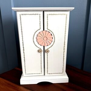 White Musical Jewelry Box with Pink Velvet Lining Mirror‎ Hooks Wood Velvet